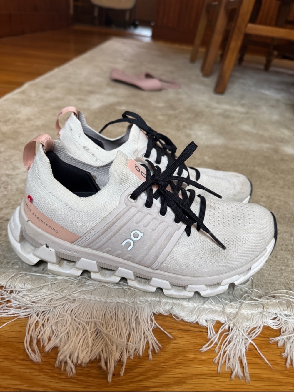 On Running Kids Sneakers White with Pink Accents and Black Laces